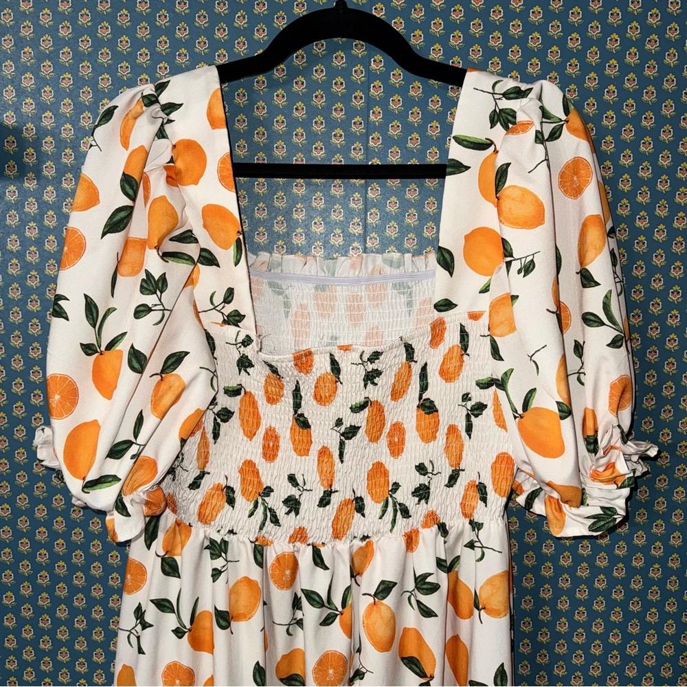 1XL Orange Print Puff Sleeve Dress